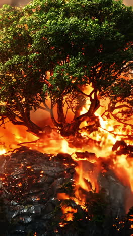 a tree is on a rock in a fire. the fire is very large and the tree is surrounded by it