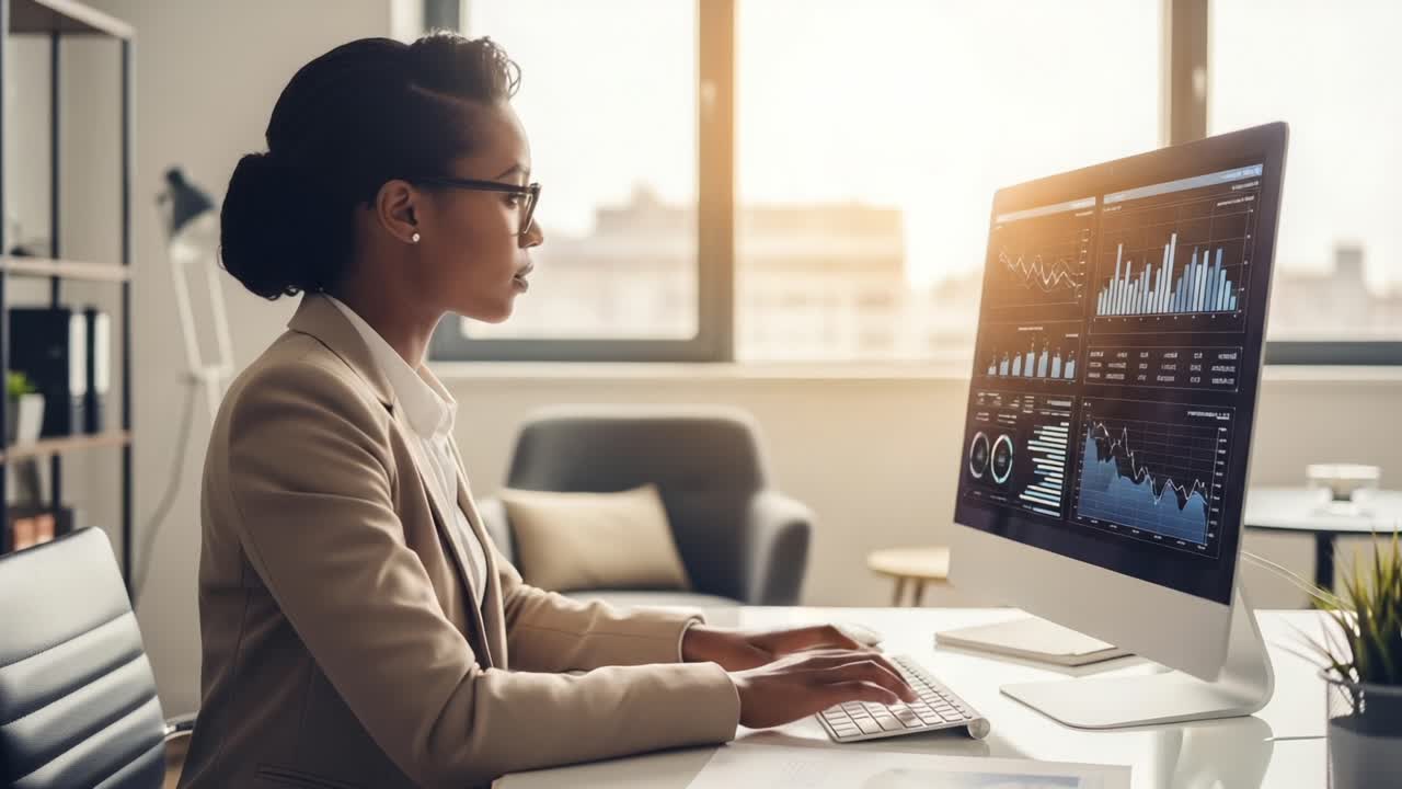Focused Business Professional Analyzing Data on a Computer in a Modern Office Setting with a Bright Atmosphere and Informative Graphs