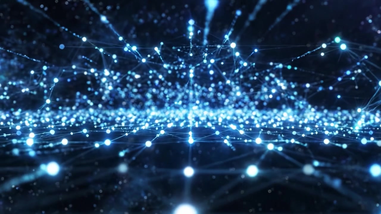 光の粒子と接続線からなる宇宙的なネットワークを特徴とする、鮮やかな抽象デジタル風景の探求。高精細品質で捉えられています。