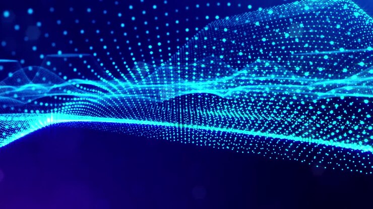 Sfondo 3D in loop, concetto di flusso di dati, spazio digitale sci-fi. Campo blu ad alta tecnologia con particelle luminose che formano linee e onde superficiali. Flusso di informazioni hi-tech, blockchain, visualizzazione di big data. DOF