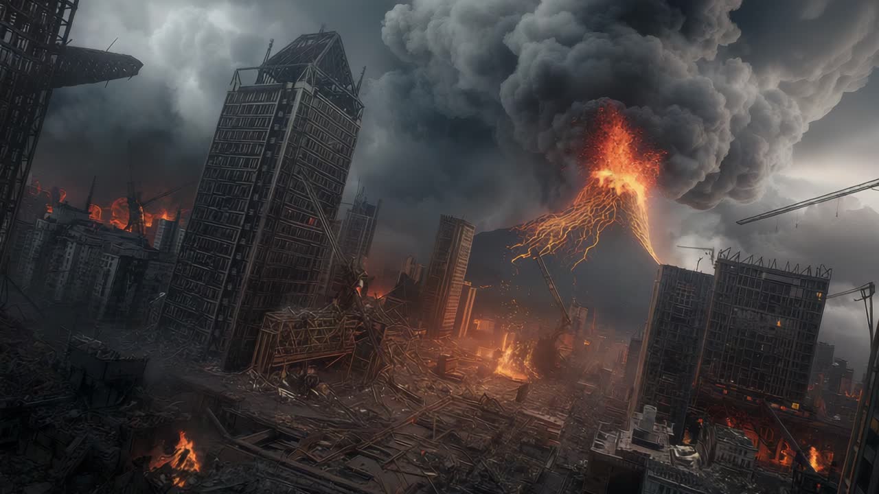 Apocalyptic City Destruction with Volcano and Lightning