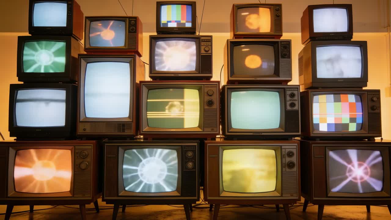 Accensione di televisori CRT impilati, che mostrano barre colore cicliche e motivi radiali in uno studio con cavi d'antenna.