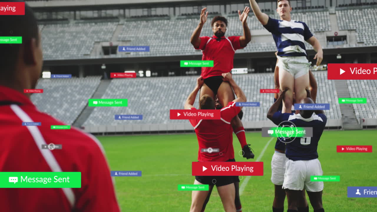 Rugby players in stadium with social media notifications animation over them