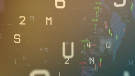 animación de letras y números sobre gráficos con números cambiantes contra un fondo abstracto
