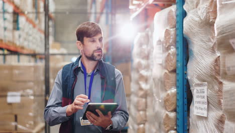 man checking inventory in a warehouse with a tablet