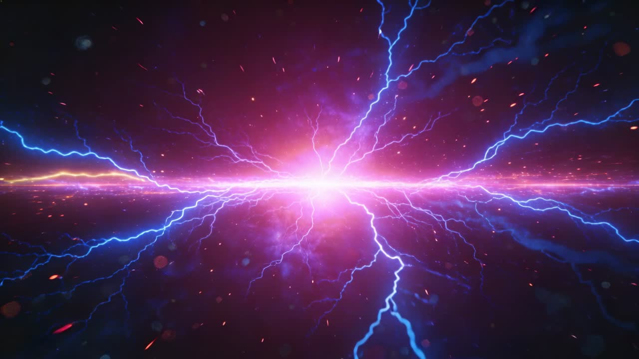 Nucleo rosa pulsante che rilascia energia con una banda mediana e fulmini blu nello spazio, con braci alla deriva.