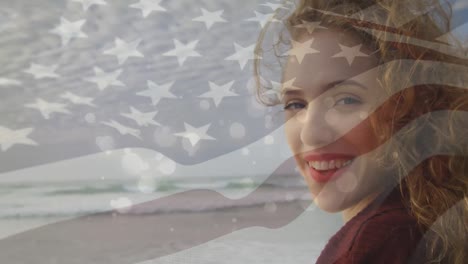 animation of happy caucasian woman over flag of usa