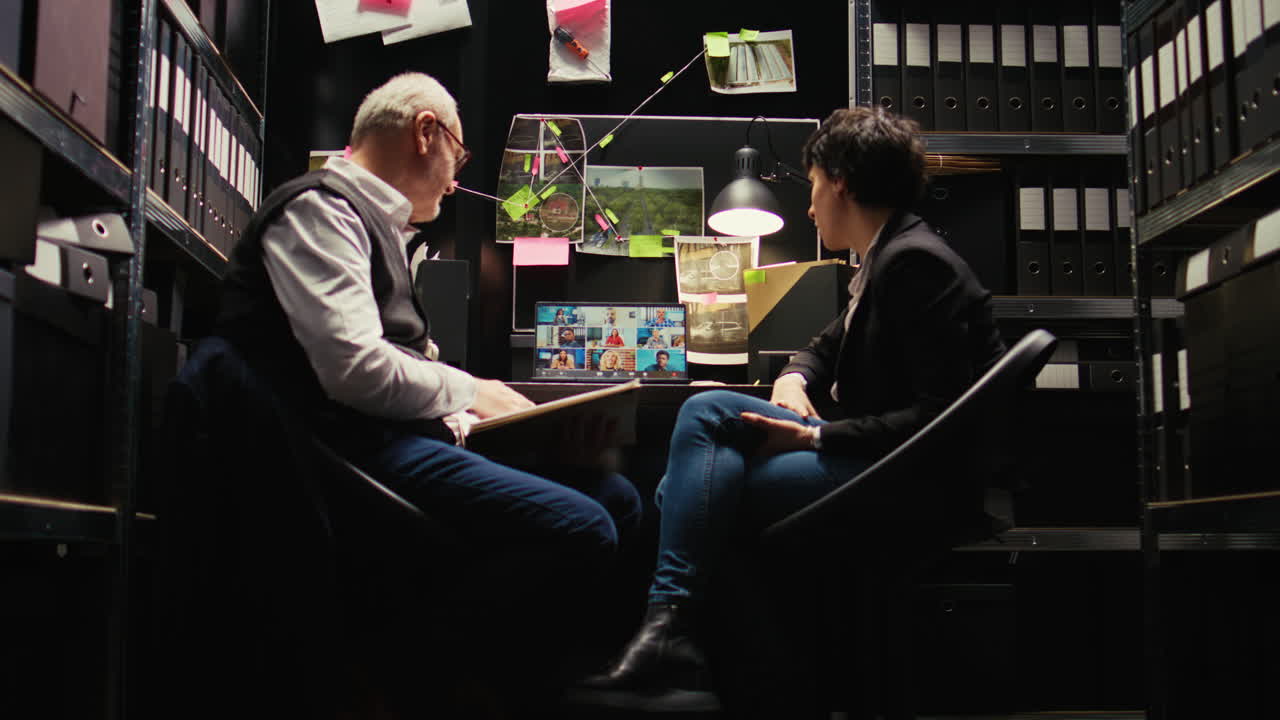 Detectives Analyzing Evidence in Dark Office