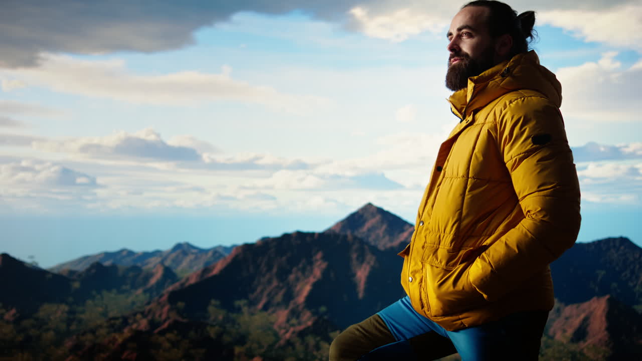 explorador se encuentra en un pico de montaña tomando el aire fresco y el paisaje panorámico