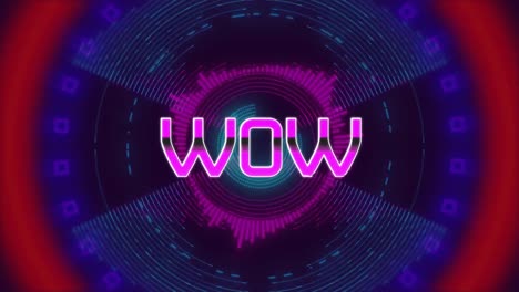 animación del texto wow sobre círculos de colores en movimiento sobre un fondo oscuro