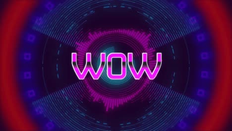 animation of wow text over moving colorful circles on dark background