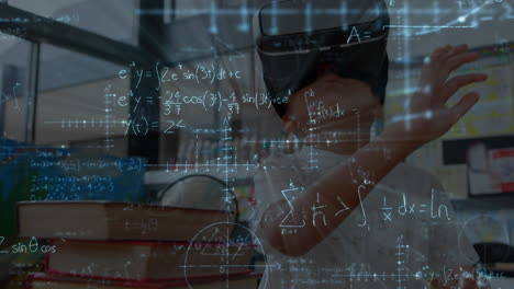 animación de fórmulas matemáticas sobre un escolar usando auriculares vr