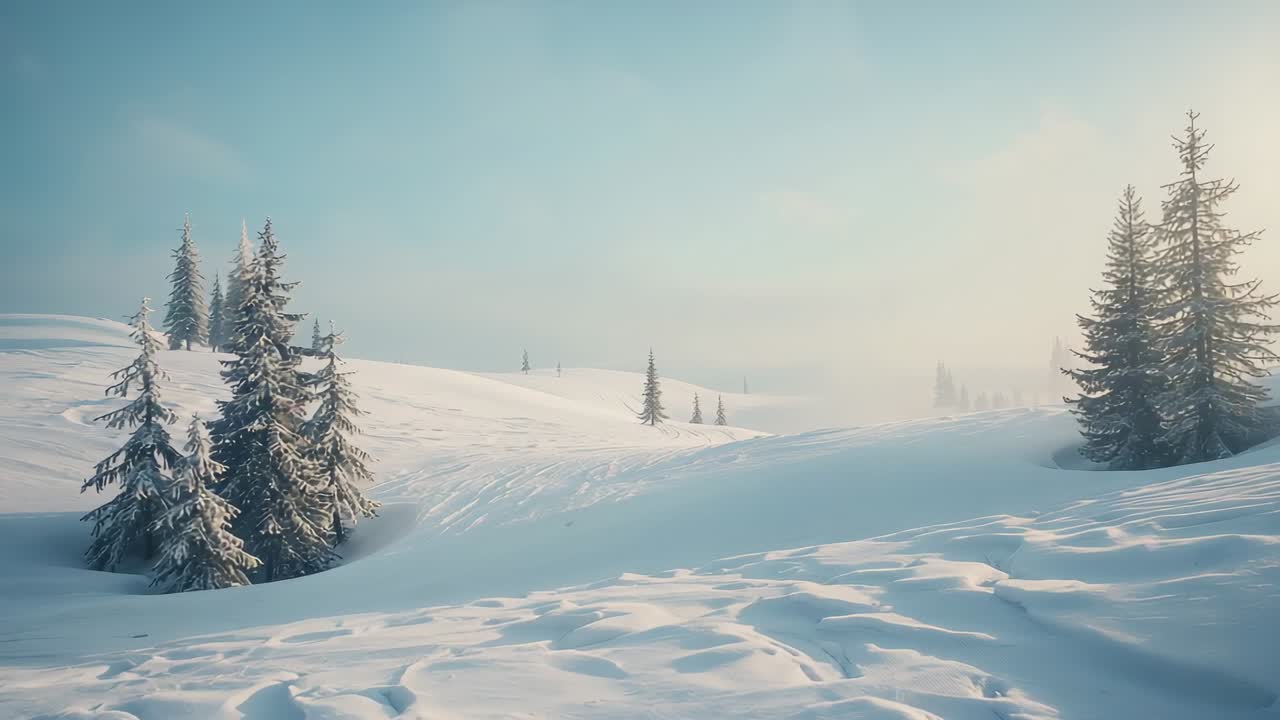 Camera panning over winter hills, with sunlight breaking sky and revealing snow covered fir trees