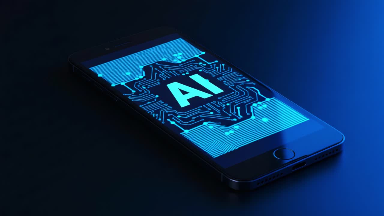 Digital Representation of Artificial Intelligence on a Smartphone Screen Featuring Circuit Patterns and Blue Lighting Effects Highlighting Advanced Technology