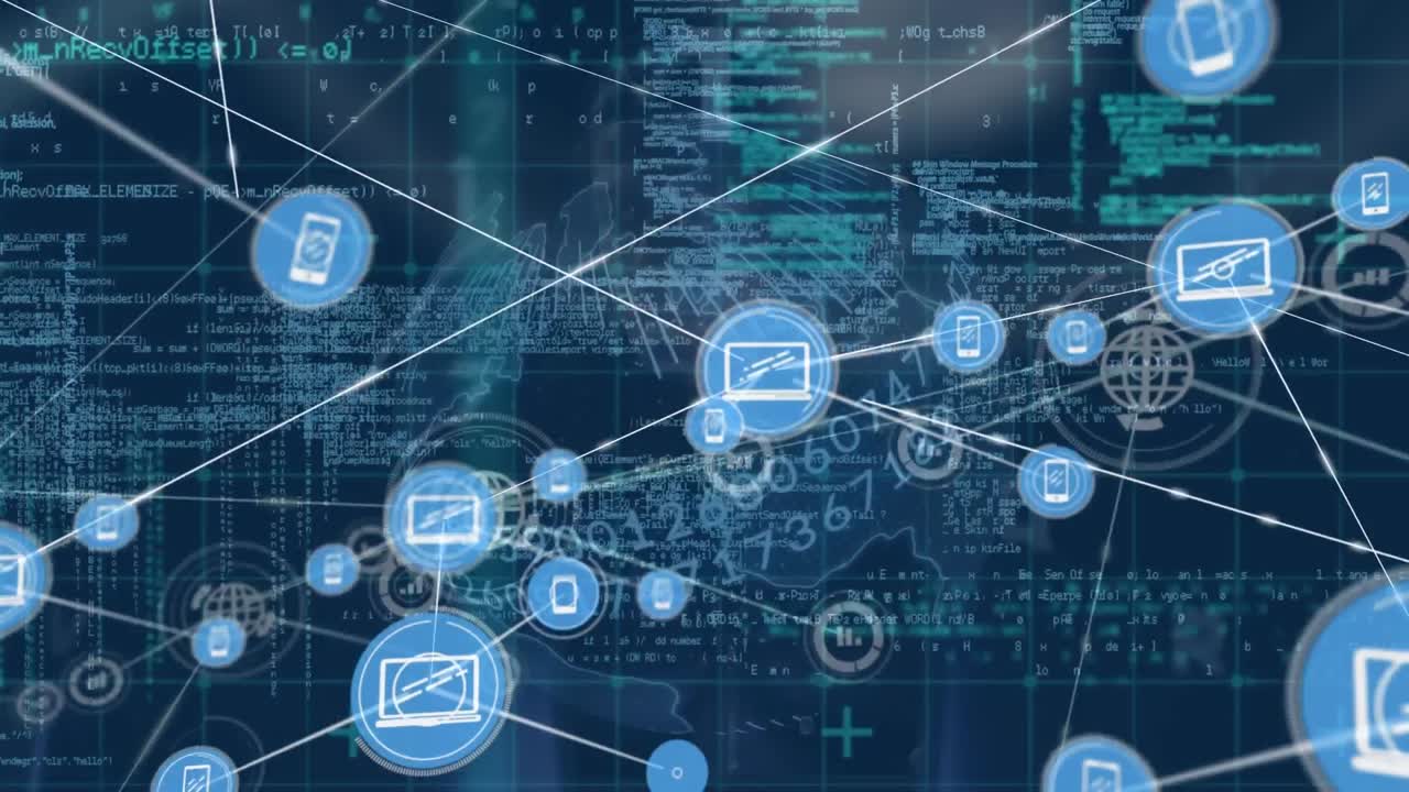 animación de la red de conexiones con iconos y procesamiento de datos