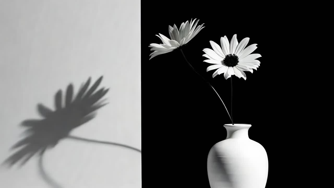 A minimalist video still of daisies in a vase, captured in side view