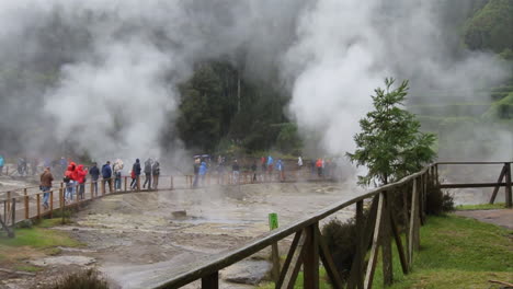 tourists walk amongst geysers, hot-springs and fumaroles in the village of furnas and around the volcanic lake