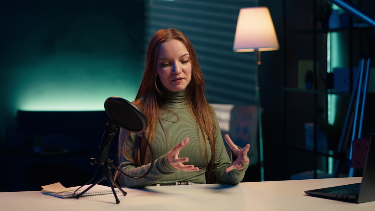 조리 인터넷 스타가 마이크로 대화하고 비디오를 녹음하고 있습니다.