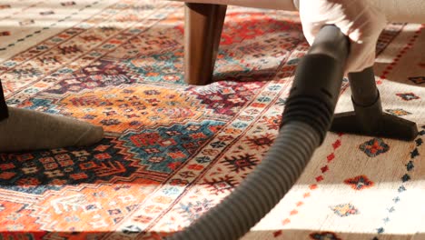 close-up of a person vacuuming a colorful oriental rug