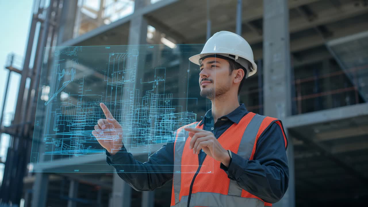 Reacting to hologram man rotating plan selecting area on site wearing white hard hat orange vest