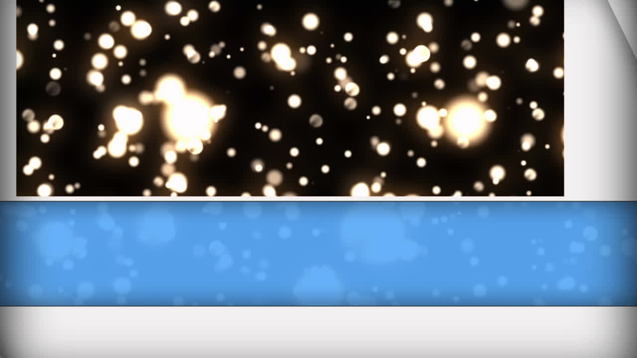 파란색과  ⁇ 색 패널이 검은색 배경에서 움직이는 반 ⁇ 이는  ⁇ 색 불빛 위에서 열리는 애니메이션