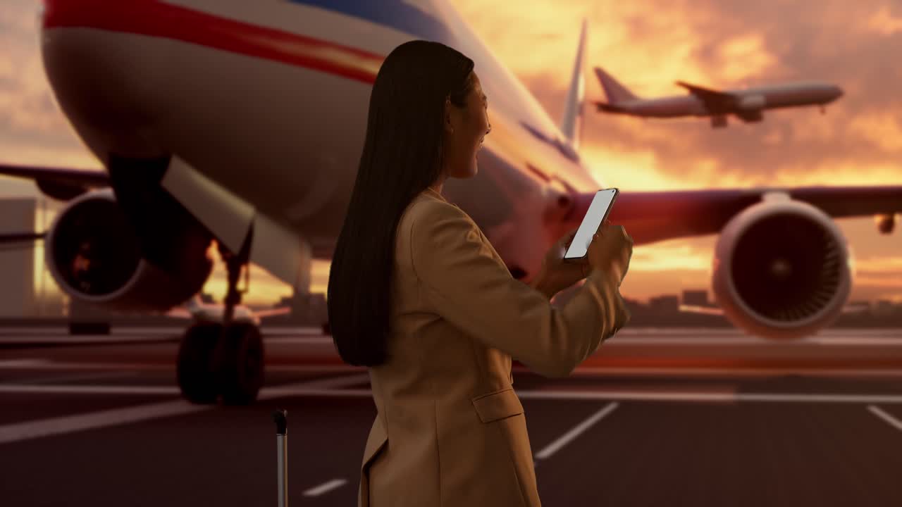 Tampak Belakang Pengusaha Wanita Asia Membawa Koper Beroda di Jet Pribadi Saat Matahari Terbenam, Melihat Smartphone Dan Merayakan, Terminal Bandara Dengan Pesawat Terbang