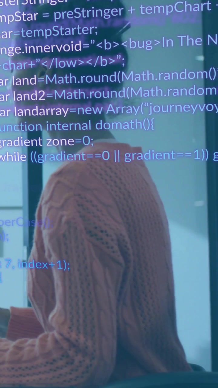 Vertical video: Seated woman typing at desk, causing code overlay scrolling while debugging system