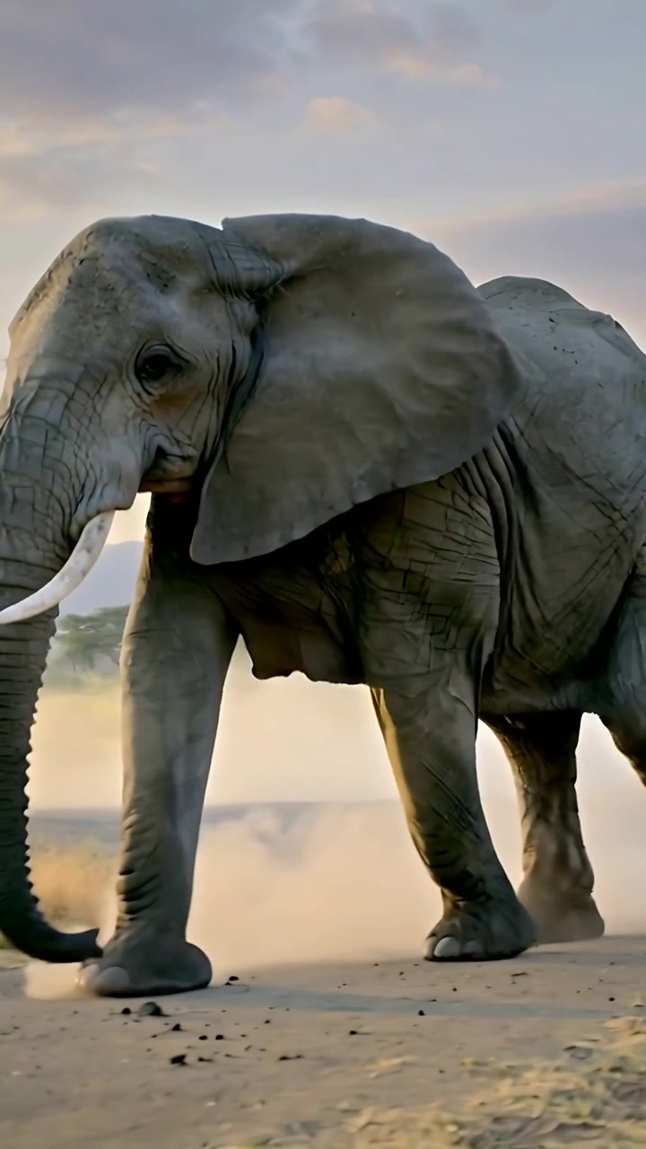 Vídeo vertical: Elefante caminhando em planície seca, câmera acompanhando, tromba em movimento, poeira subindo, presas.