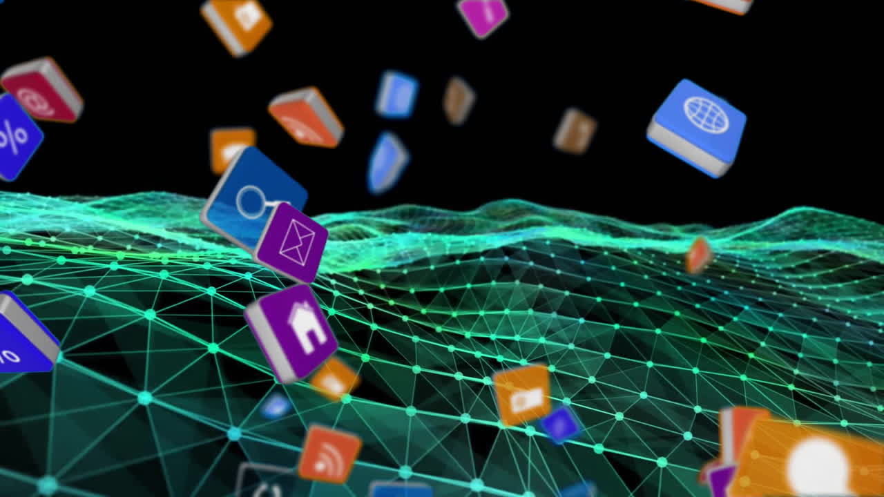 검은색 배경에 대한 동적 파동 패턴 위에 떨어지는 3d 아이콘의 애니메이션