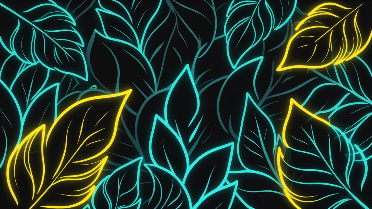 Abstract Neon Leaf Pattern Animation with Glowing Cyan and Yellow Outlines