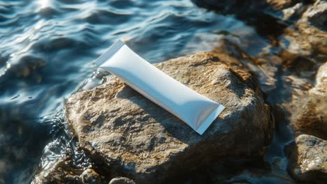 cosmetic product mockup on rocks by water