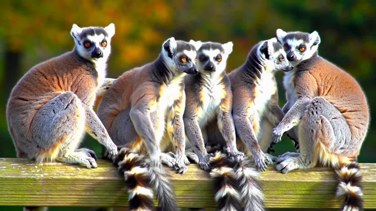 A Group of Ring-Tailed Lemurs Sitting Together on a Fence