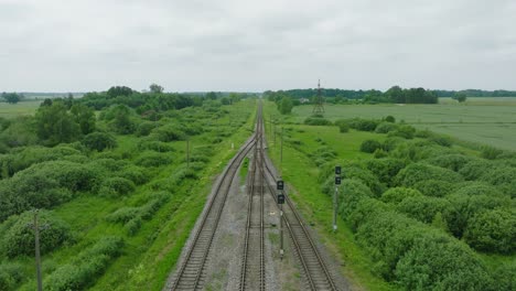 Aerial establishing view of empty railroad train tracks, countryside scenery, fresh green forest on the side, overcast cloudy summer day, wide drone shot moving forward