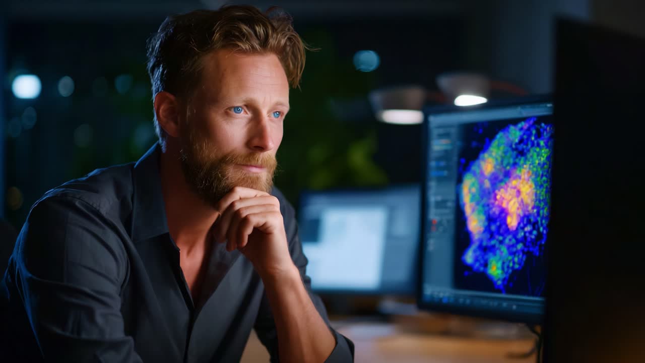 Focused professional engaging in deep thought while analyzing vibrant data visualizations on multiple computer screens in a modern workspace at night