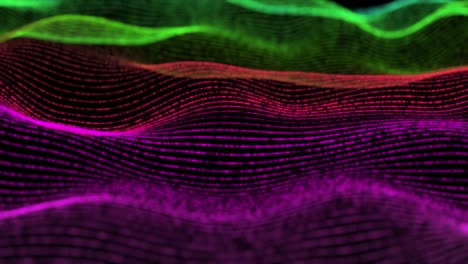 4k, abstract futuristic digital blue wave particles background.seamless loop. technology digital wave background concept.beautiful motion waving dots texture with glowing defocused particles. cyber or technology background. pink red green color