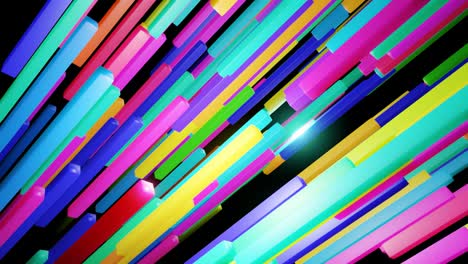 3d abstract simple geometric background with multicolor rectangles like light elongated bulbs flashing neon lights in 4k fly in the air. smooth looped animation. creative simple motion design bg