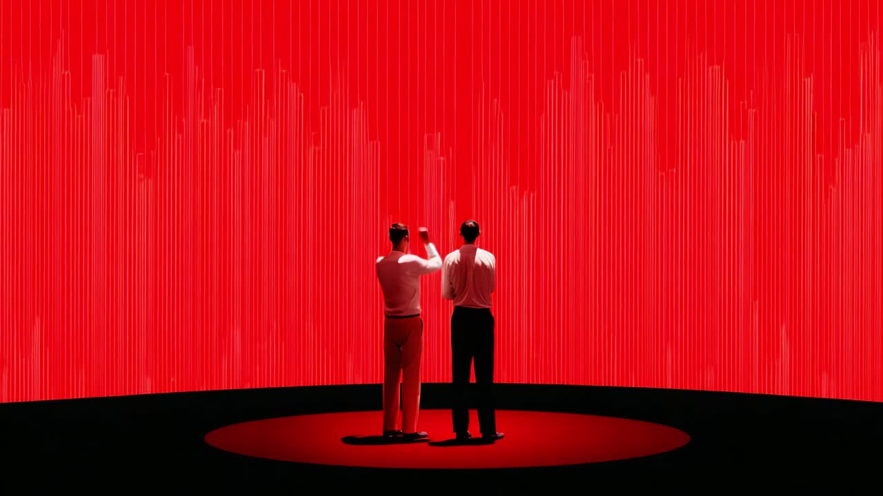 Two Figures Stand in Contemplation Amidst a Vibrant Red Display, Observing Dynamic Visual Patterns That Evoke Emotion and Reflect on Complex Ideas in an Abstract Environment