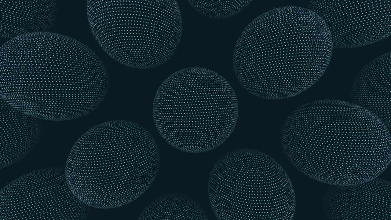Sømløst abstrakt av flere 3D-sfærer dannet av glødende digitale prikker som svever i mørkt rom, ideelt for teknologibakgrunner, futuristiske presentasjoner, vitenskapelige visuelle effekter og moderne bevegelsesdesign