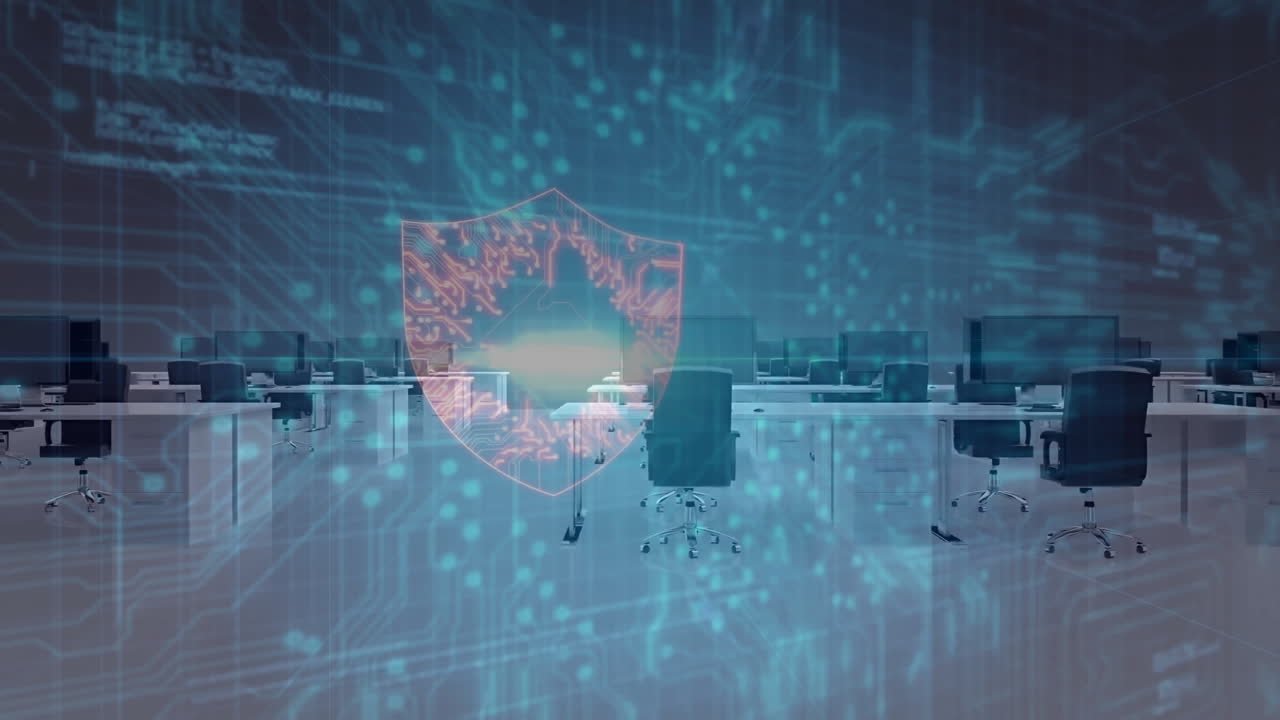 Cybersecurity shield overlay on empty office desks in modern workspace