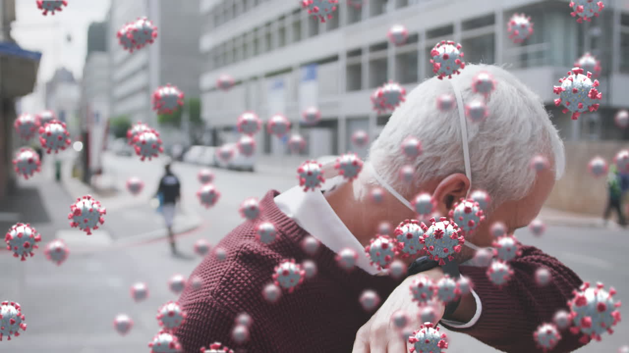 코로나19 세포의 애니메이션 시니어 남자가 마스크를 쓰고 있습니다.