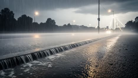 majestic stormy scene capturing heavy rainfall and lightning illuminating a city street, creating an atmospheric and dramatic visual experience