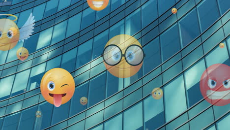 animation of emoji icons flying up over modern office building