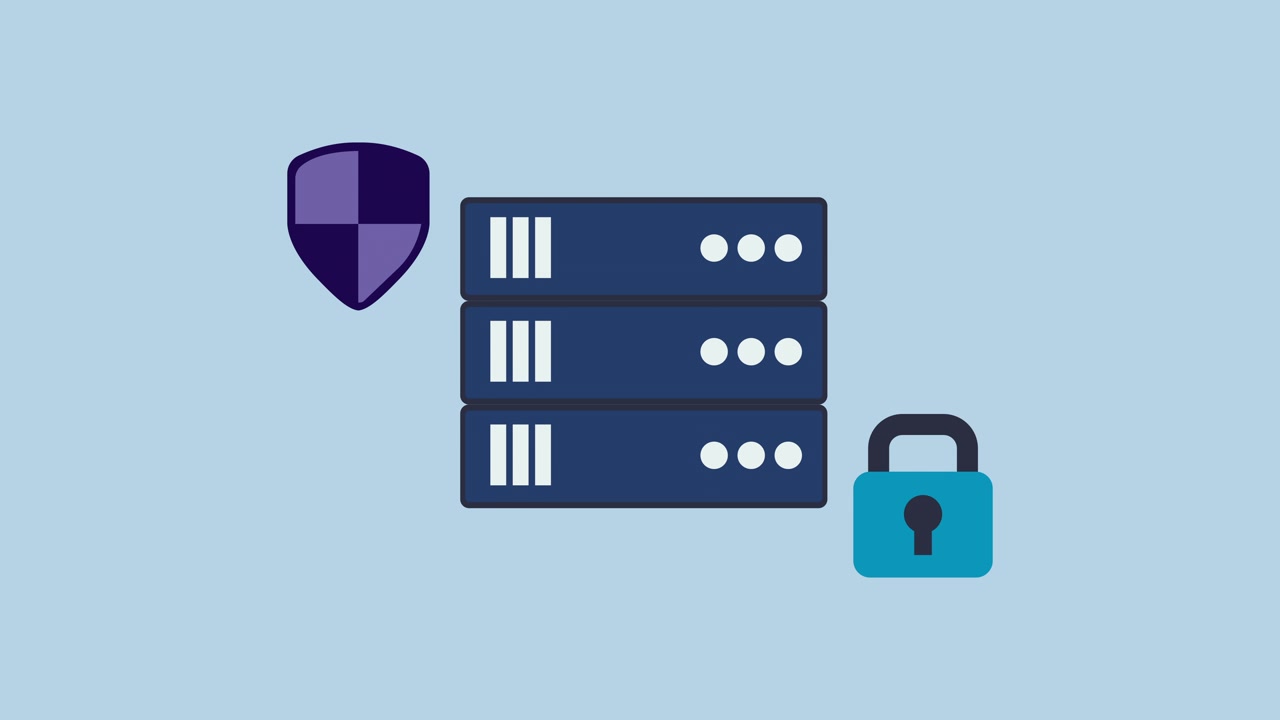 Animated Server Rack with Security Shield and Lock Icon