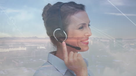 animación de la red de conexiones a través de la mujer de negocios con auriculares de teléfono.
