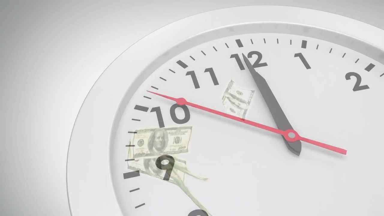 Animation of clock ticking over american dollar currency banknotes