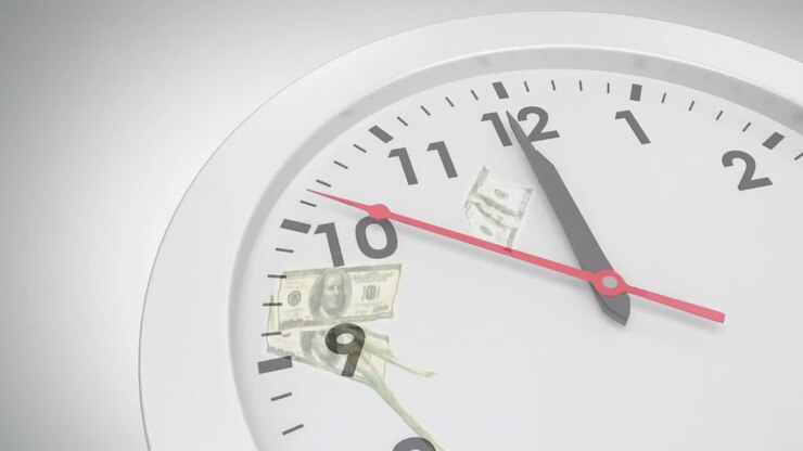 Animation of clock ticking over american dollar currency banknotes