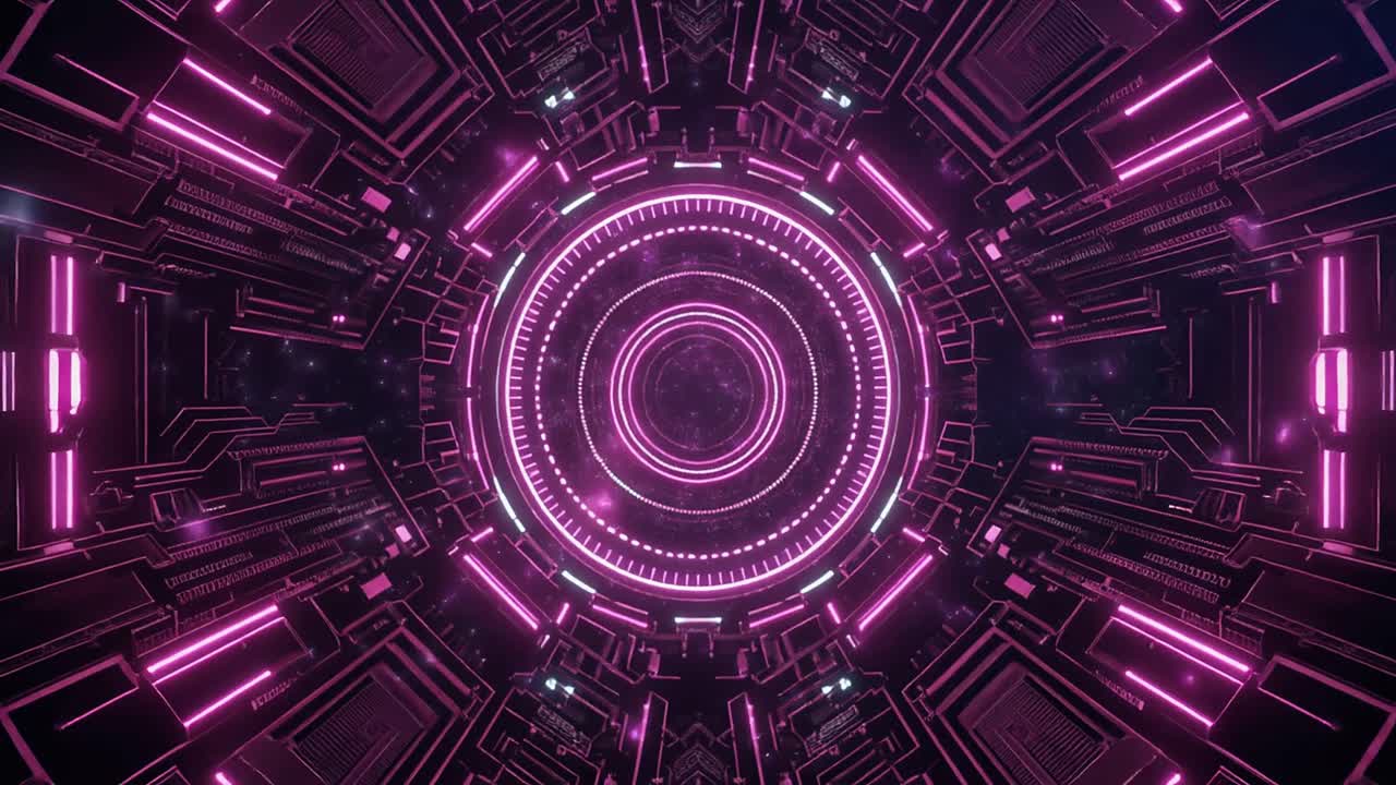 Volando attraverso un tunnel futuristico di luci al neon digitali