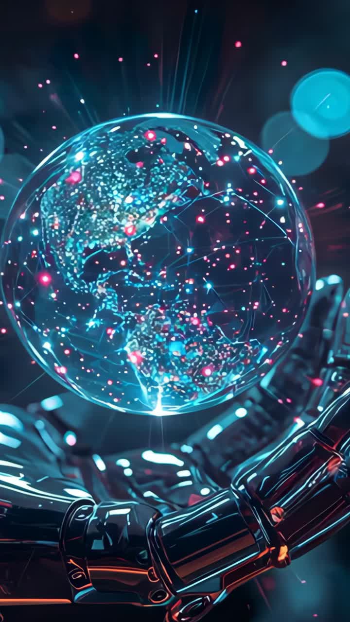 Vertical video: Emerging metallic robotic hand revealing globe in void, with pulsing network nodes