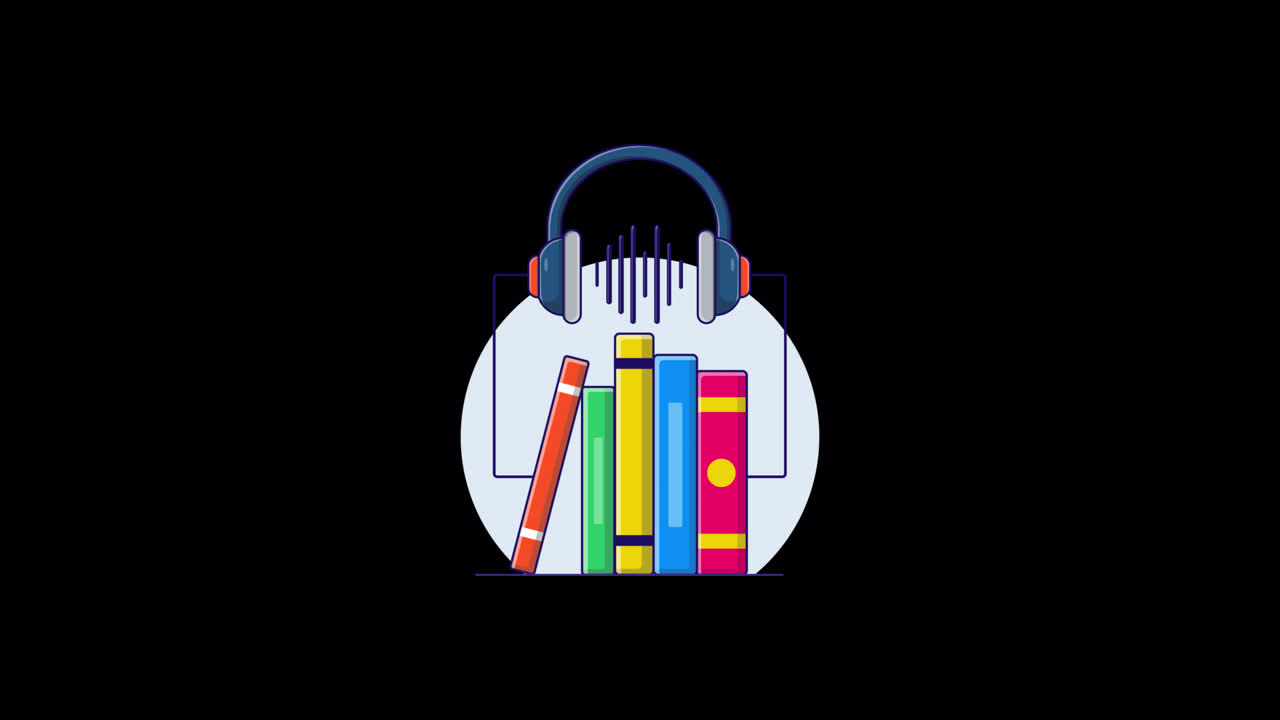 Illustrazione animata di libri e cuffie per il concetto di audiolibro