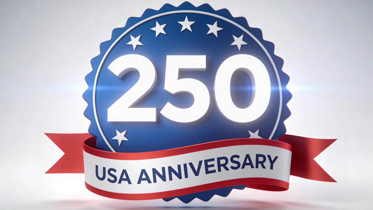 Distintivo blu che appare in studio, nastro USA ANNIVERSARY che si posa, bagliore dell'obiettivo che luccica, che celebra il 250°